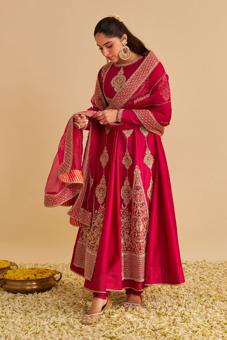 Zainah - Dabka Zardozi Embroidered Silk Hotpink Anarkali  Set