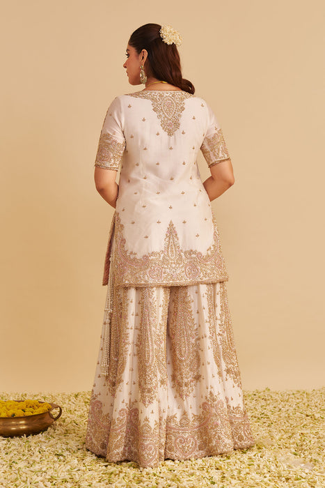 Alina - Dabka Zardozi Embroidered Silk Daisy Ivory Sharara Set