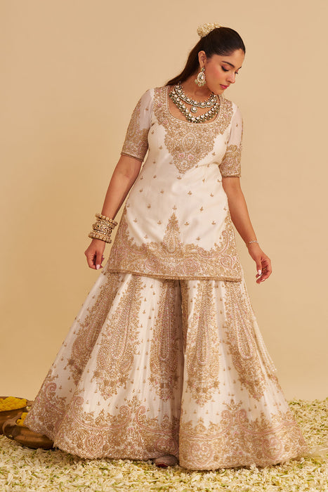 Alina - Dabka Zardozi Embroidered Silk Daisy Ivory Sharara Set