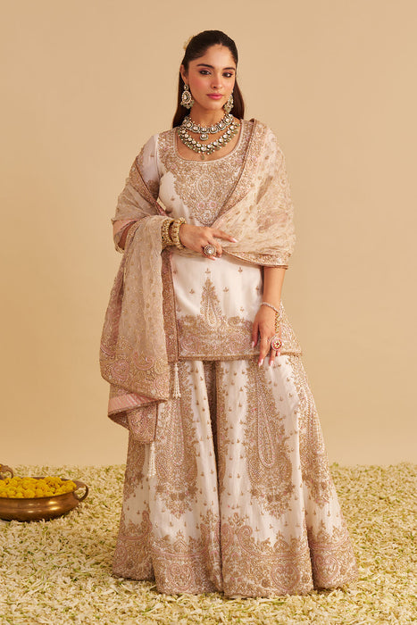 Alina - Dabka Zardozi Embroidered Silk Daisy Ivory Sharara Set