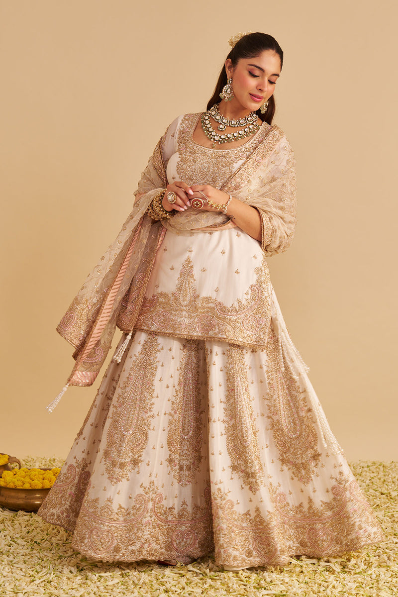 Alina - Dabka Zardozi Embroidered Silk Daisy Ivory Sharara Set