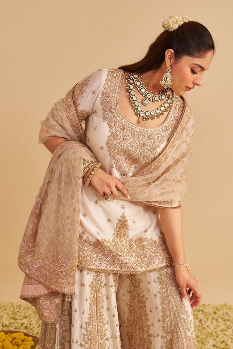 Alina - Dabka Zardozi Embroidered Silk Daisy Ivory Sharara Set