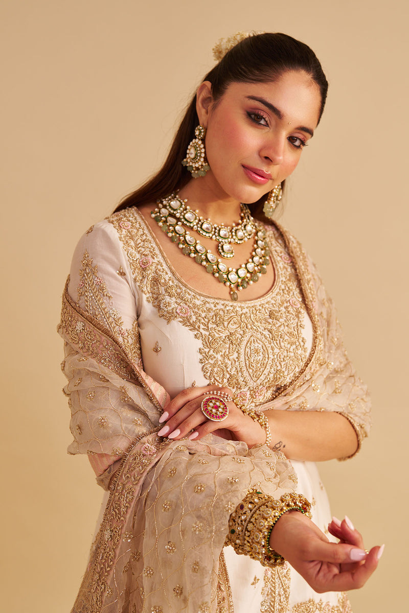 Alina - Dabka Zardozi Embroidered Silk Daisy Ivory Sharara Set