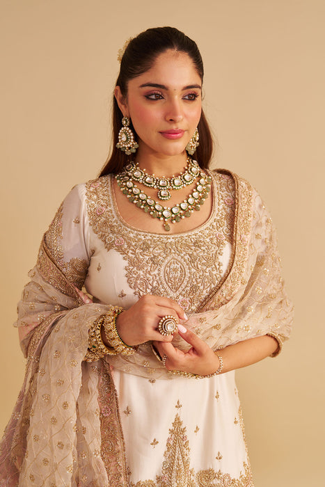 Alina - Dabka Zardozi Embroidered Silk Daisy Ivory Sharara Set