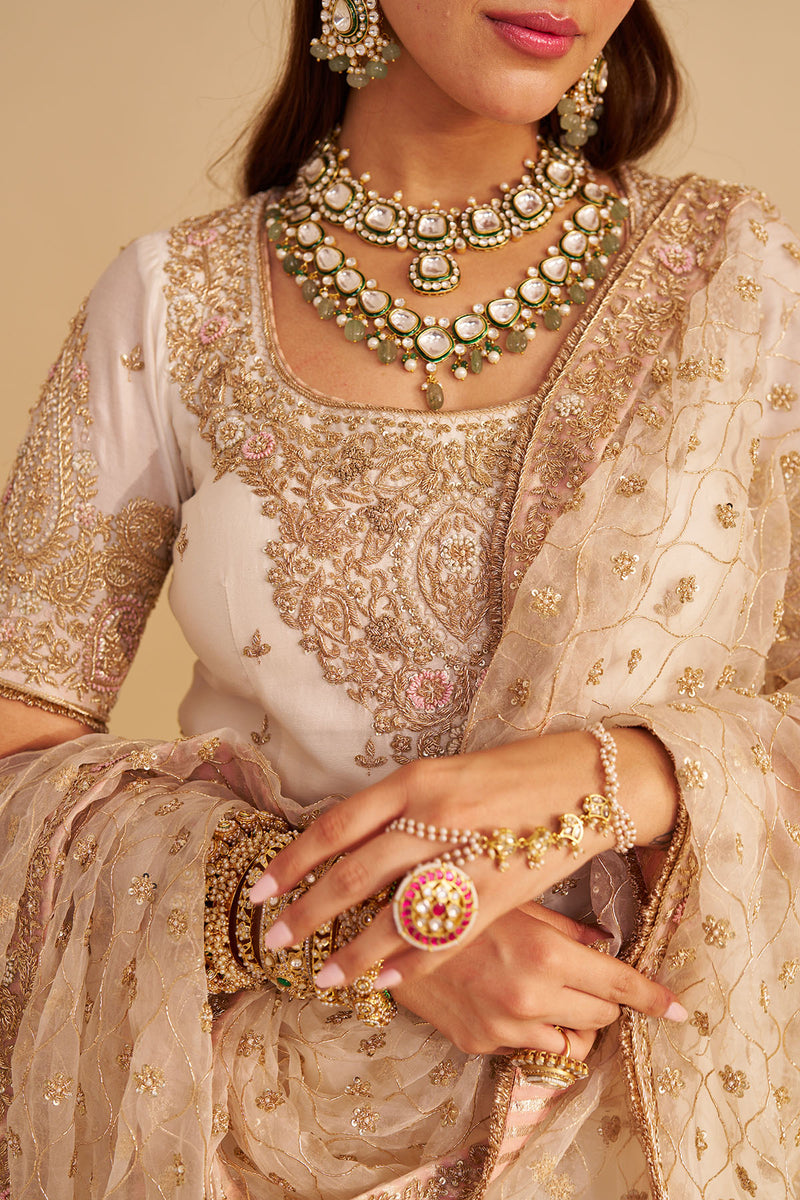 Alina - Dabka Zardozi Embroidered Silk Daisy Ivory Sharara Set