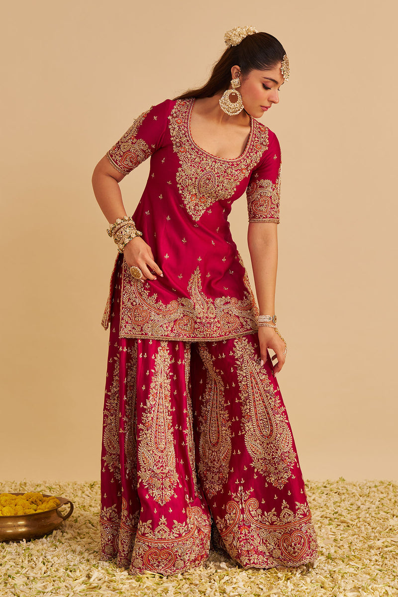 Alina - Dabka Zardozi Embroidered Silk Hotpink Sharara Set