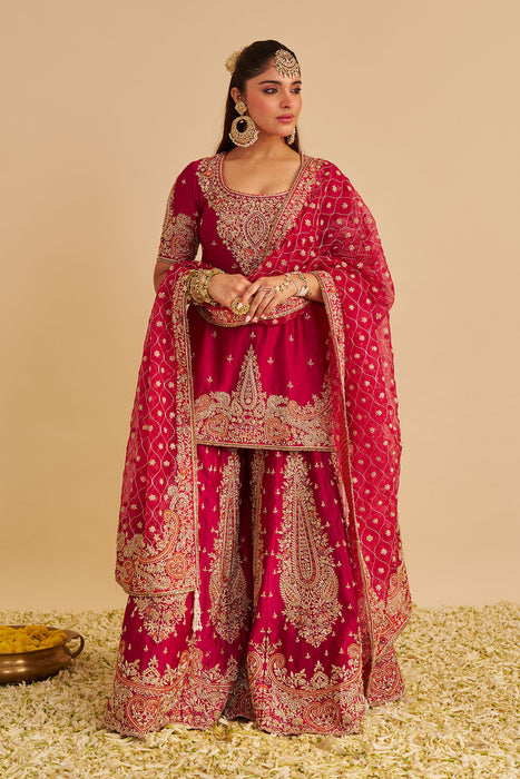 Alina - Dabka Zardozi Embroidered Silk Hotpink Sharara Set