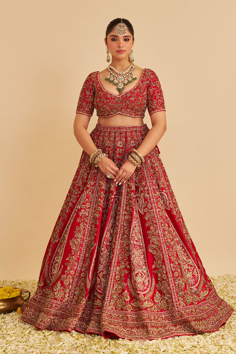 Mahanoor - Dabka Zardozi Embroidered Pure Silk Red Bridal Lehenga Set
