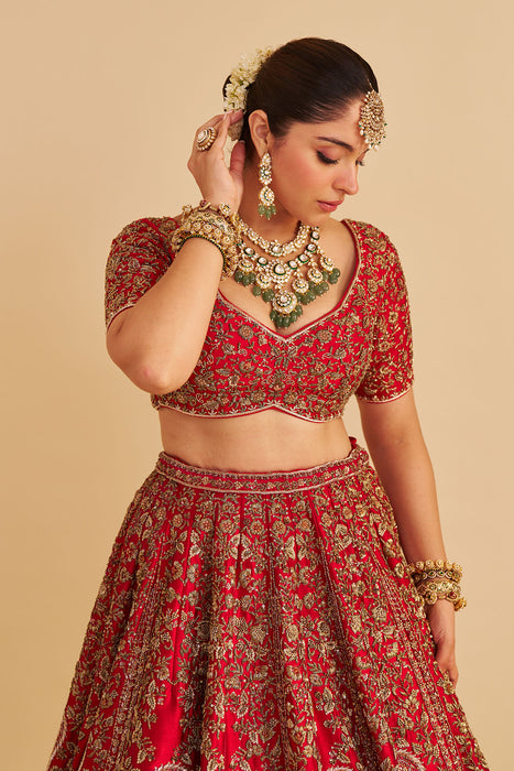Mahanoor - Dabka Zardozi Embroidered Pure Silk Red Bridal Lehenga Set