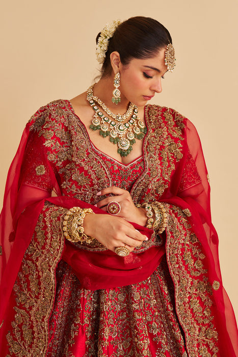 Mahanoor - Dabka Zardozi Embroidered Pure Silk Red Bridal Lehenga Set