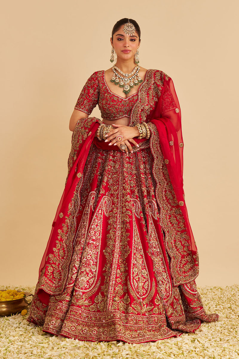Mahanoor - Dabka Zardozi Embroidered Pure Silk Red Bridal Lehenga Set