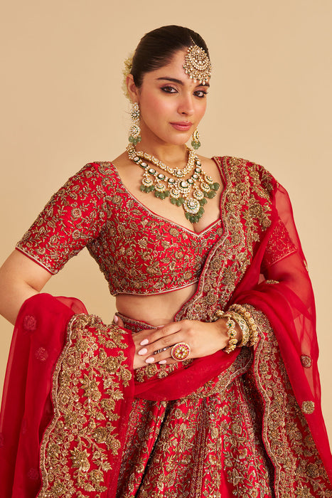 Mahanoor - Dabka Zardozi Embroidered Pure Silk Red Bridal Lehenga Set