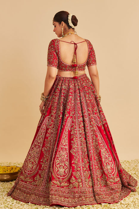 Mahanoor - Dabka Zardozi Embroidered Pure Silk Red Bridal Lehenga Set