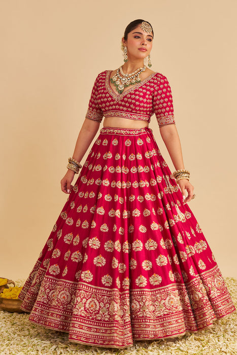 Maira - Dabka Zardozi Embroidered Raw Silk Hotpink Bridal Lehenga Set