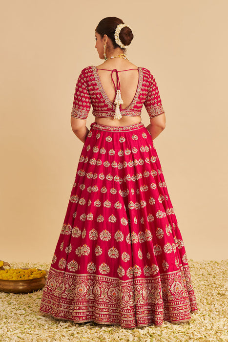 Maira - Dabka Zardozi Embroidered Raw Silk Hotpink Bridal Lehenga Set