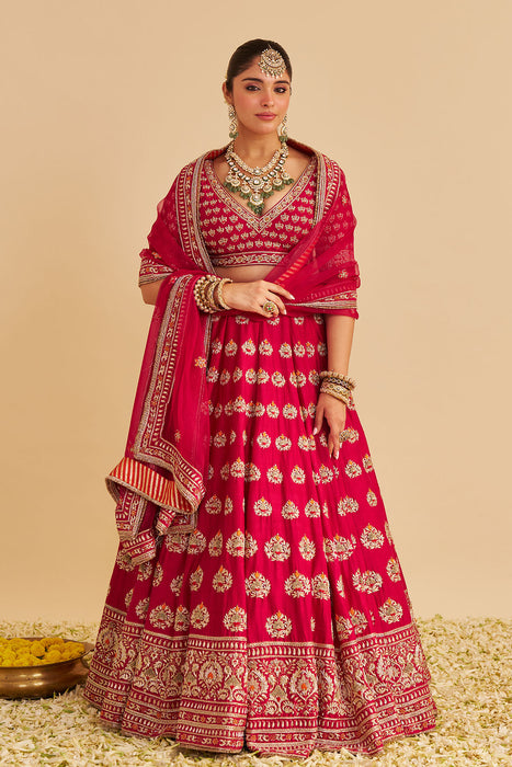 Maira - Dabka Zardozi Embroidered Raw Silk Hotpink Bridal Lehenga Set
