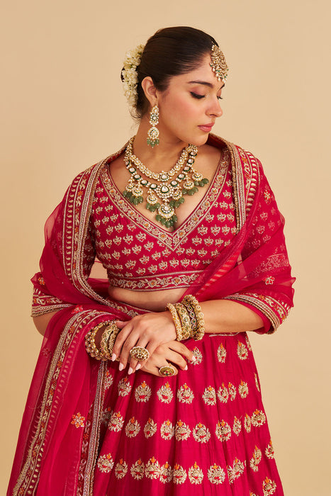 Maira - Dabka Zardozi Embroidered Raw Silk Hotpink Bridal Lehenga Set
