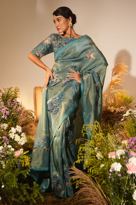 TEAL APPLIQUE SAREE