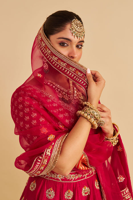 Maira - Dabka Zardozi Embroidered Raw Silk Hotpink Bridal Lehenga Set
