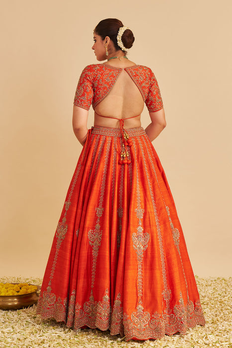 Naazila - Dabka Zardozi Embroidered Raw Silk Burnt Orange Lehenga Set