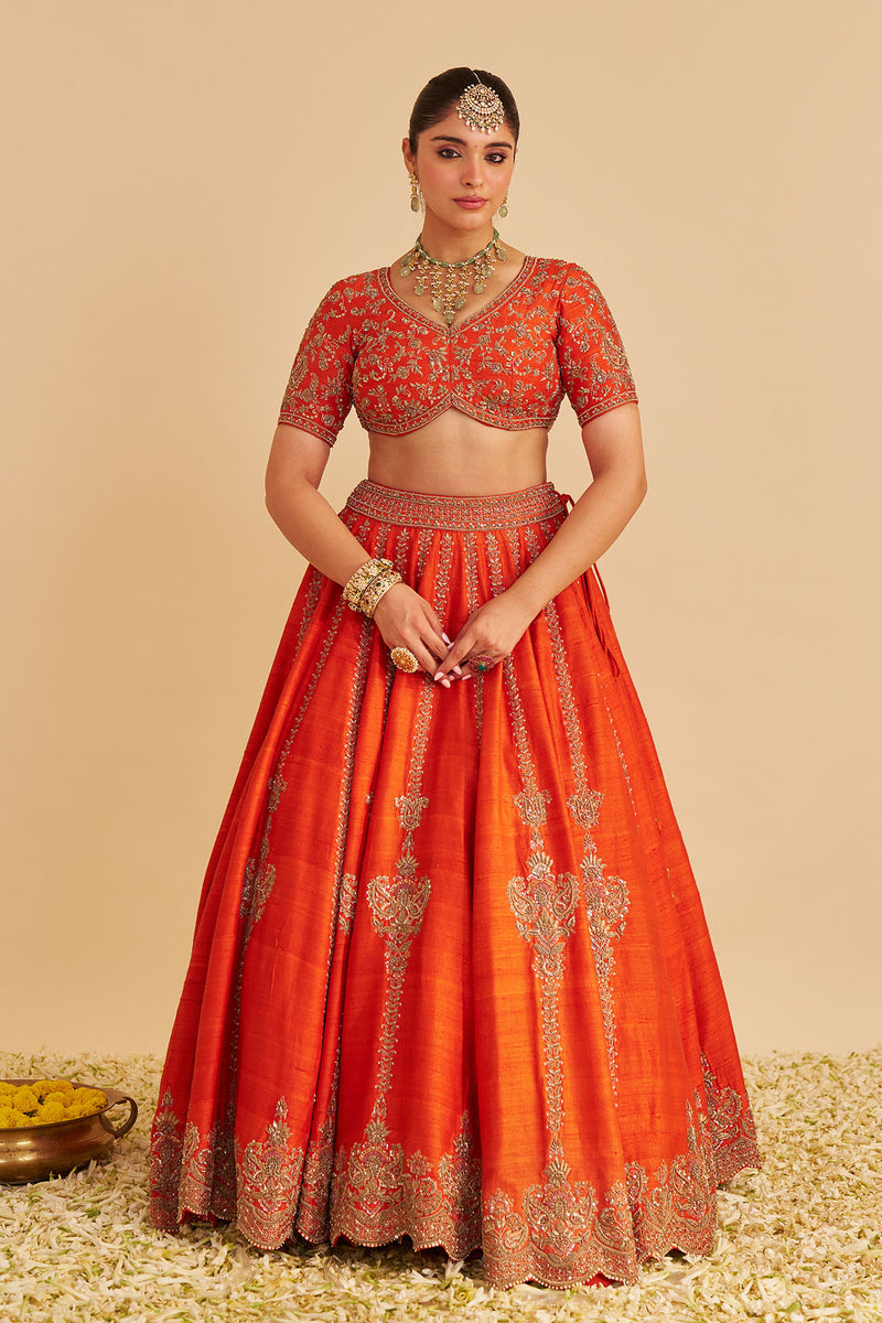 Naazila - Dabka Zardozi Embroidered Raw Silk Burnt Orange Lehenga Set