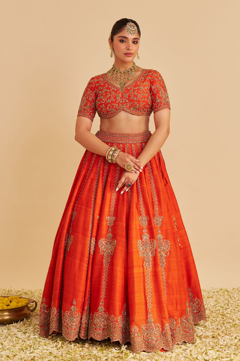 Naazila - Dabka Zardozi Embroidered Raw Silk Burnt Orange Lehenga Set