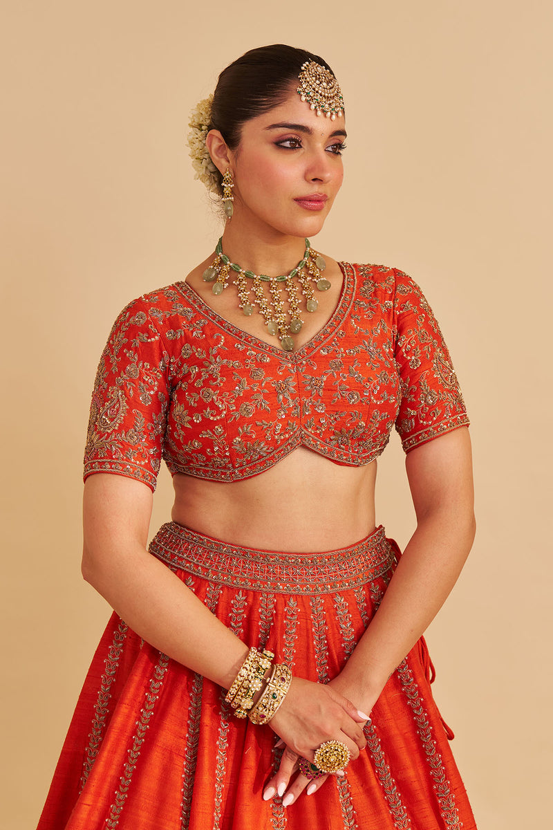 Naazila - Dabka Zardozi Embroidered Raw Silk Burnt Orange Lehenga Set