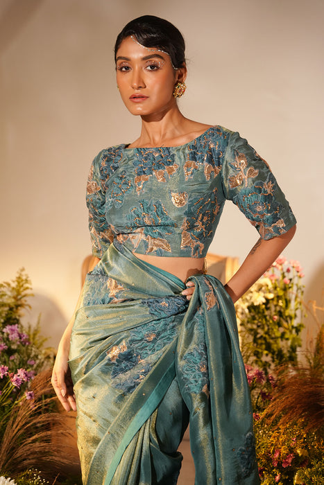 TEAL APPLIQUE SAREE