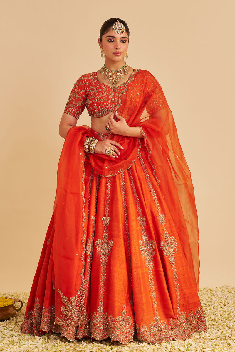 Naazila - Dabka Zardozi Embroidered Raw Silk Burnt Orange Lehenga Set