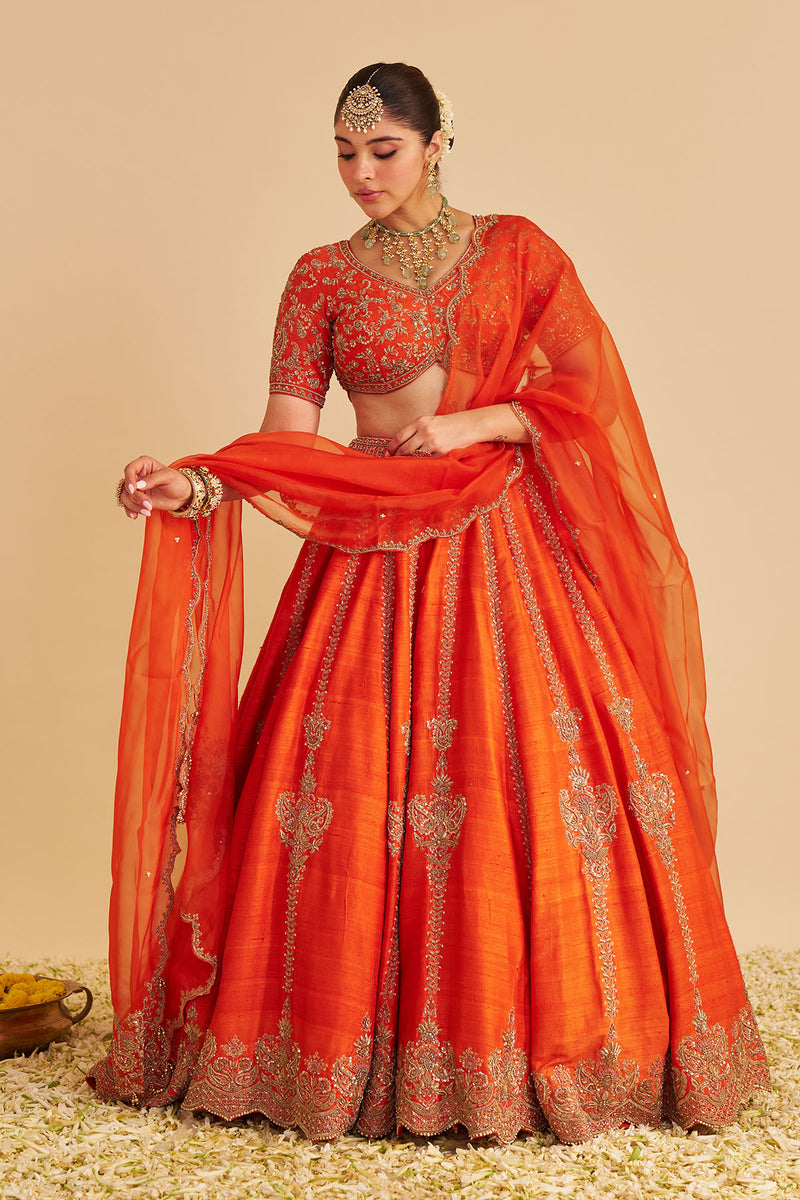 Naazila - Dabka Zardozi Embroidered Raw Silk Burnt Orange Lehenga Set