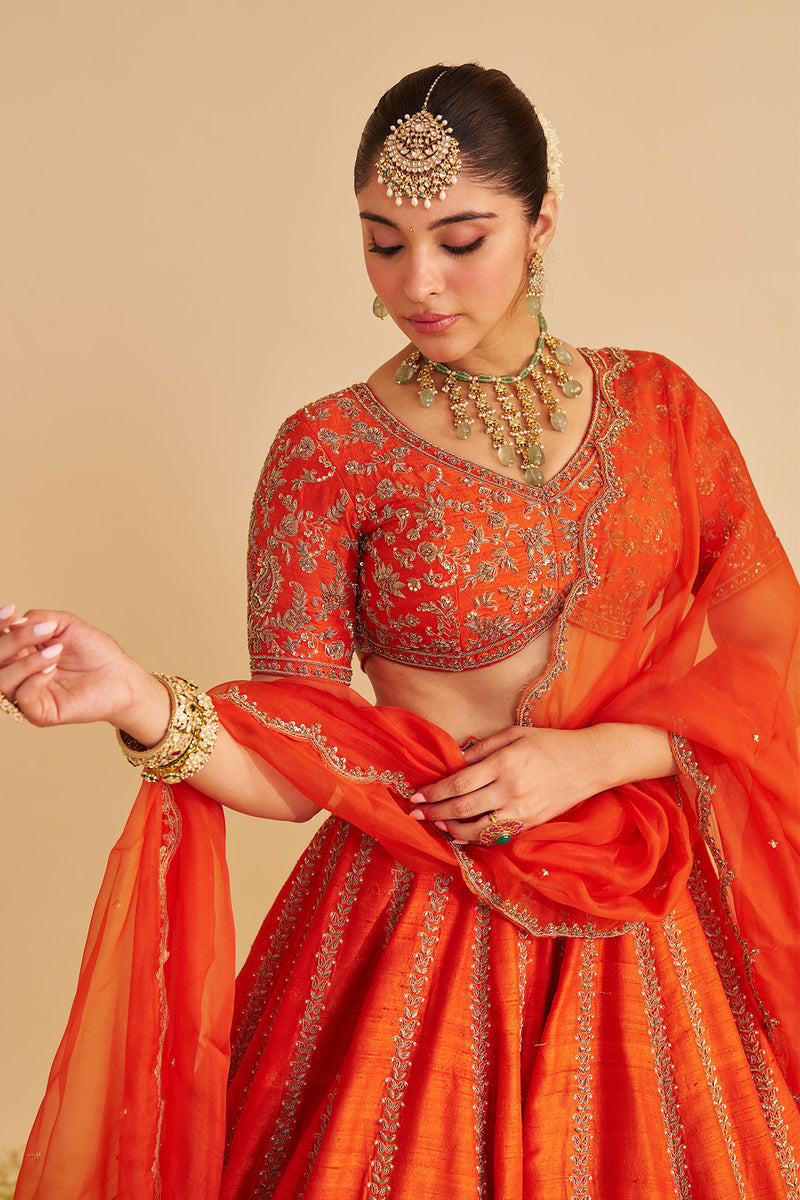 Naazila - Dabka Zardozi Embroidered Raw Silk Burnt Orange Lehenga Set
