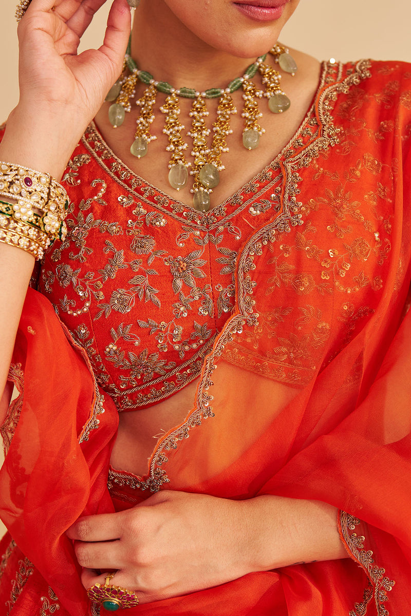 Naazila - Dabka Zardozi Embroidered Raw Silk Burnt Orange Lehenga Set