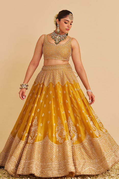 Aashina  - Dabka Zardozi Embroidered Pure Tissue Mustard Lehenga Set