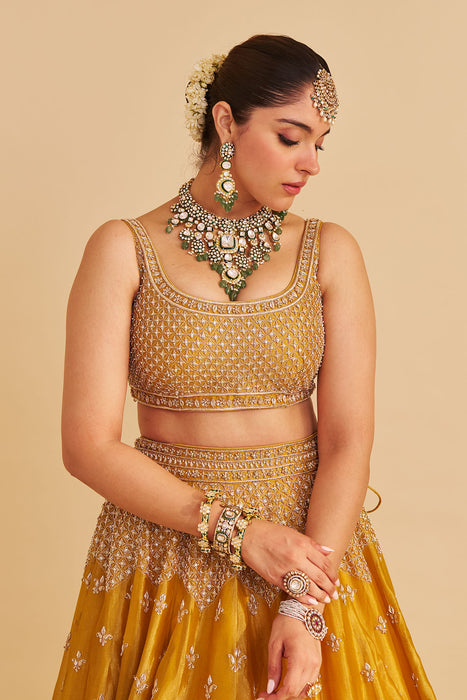 Aashina  - Dabka Zardozi Embroidered Pure Tissue Mustard Lehenga Set