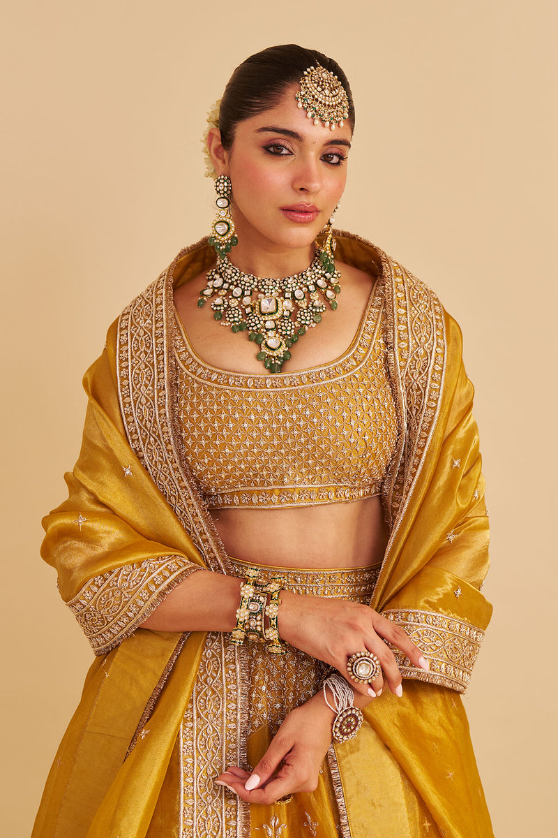 Aashina  - Dabka Zardozi Embroidered Pure Tissue Mustard Lehenga Set