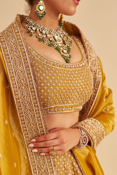Aashina  - Dabka Zardozi Embroidered Pure Tissue Mustard Lehenga Set