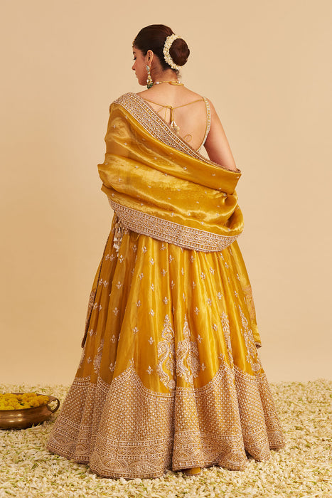 Aashina  - Dabka Zardozi Embroidered Pure Tissue Mustard Lehenga Set