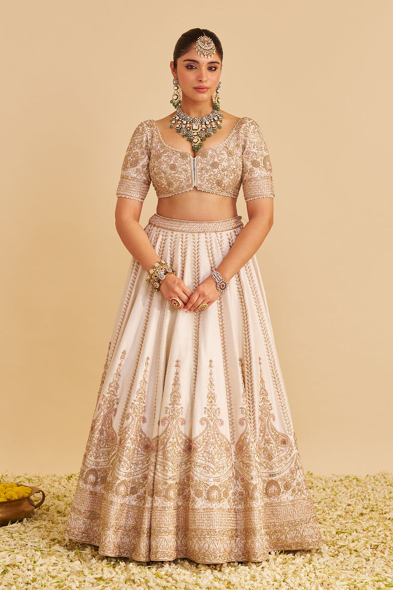 Farah - Dabka Zardozi Embroidered Pure Silk Daisy Ivory Lehenga Set