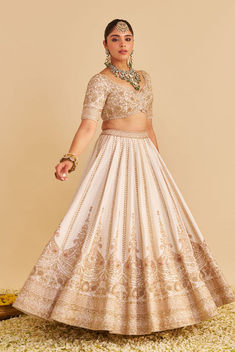 Farah - Dabka Zardozi Embroidered Pure Silk Daisy Ivory Lehenga Set