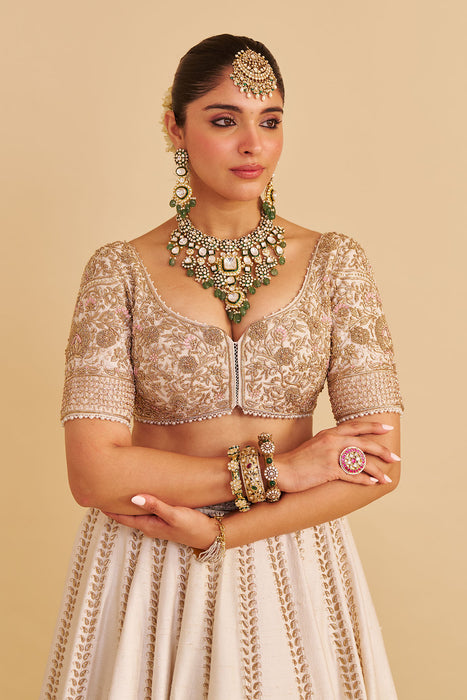 Farah - Dabka Zardozi Embroidered Pure Silk Daisy Ivory Lehenga Set