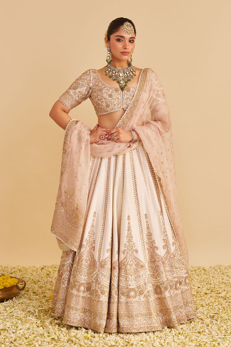 Farah - Dabka Zardozi Embroidered Pure Silk Daisy Ivory Lehenga Set