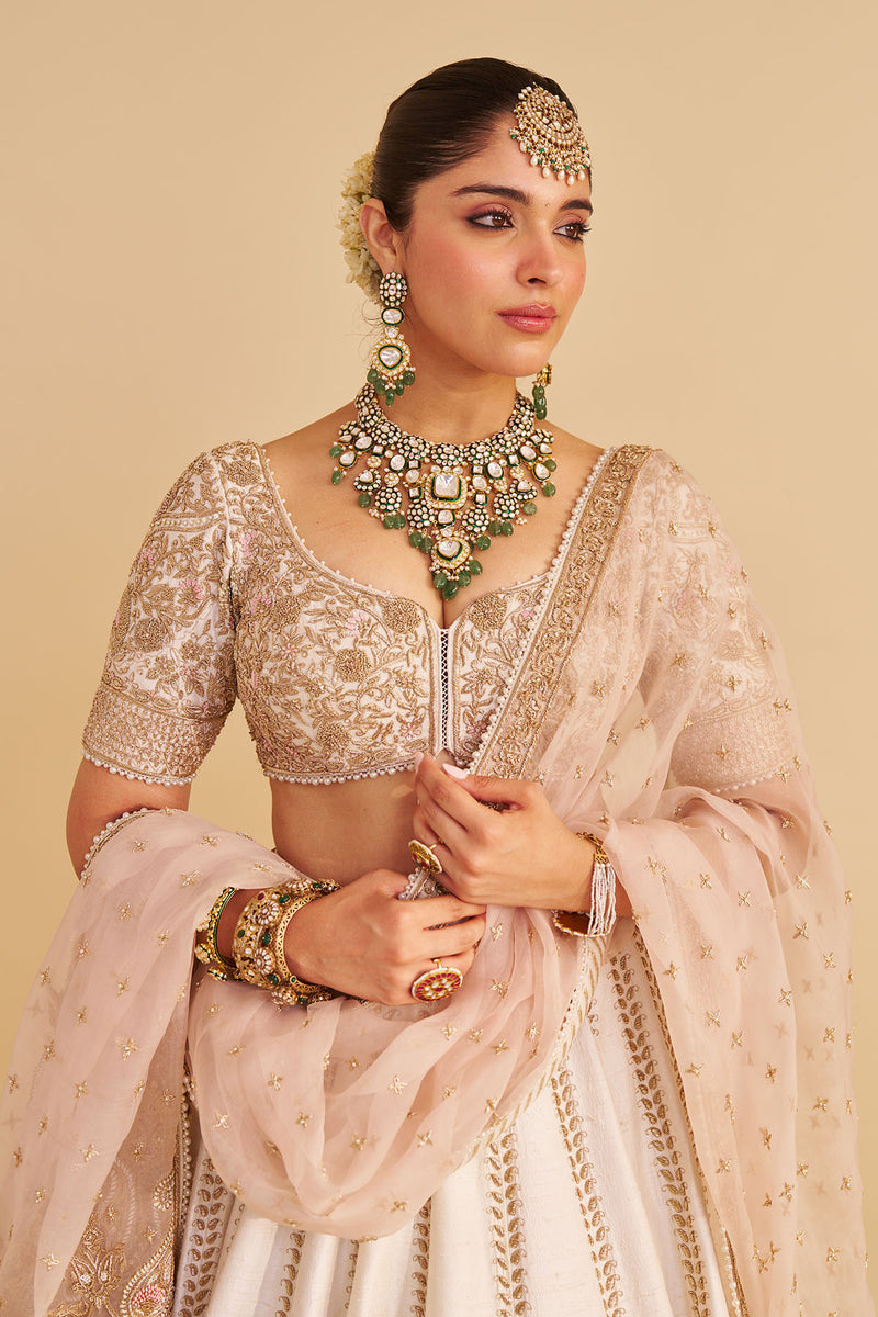 Farah - Dabka Zardozi Embroidered Pure Silk Daisy Ivory Lehenga Set