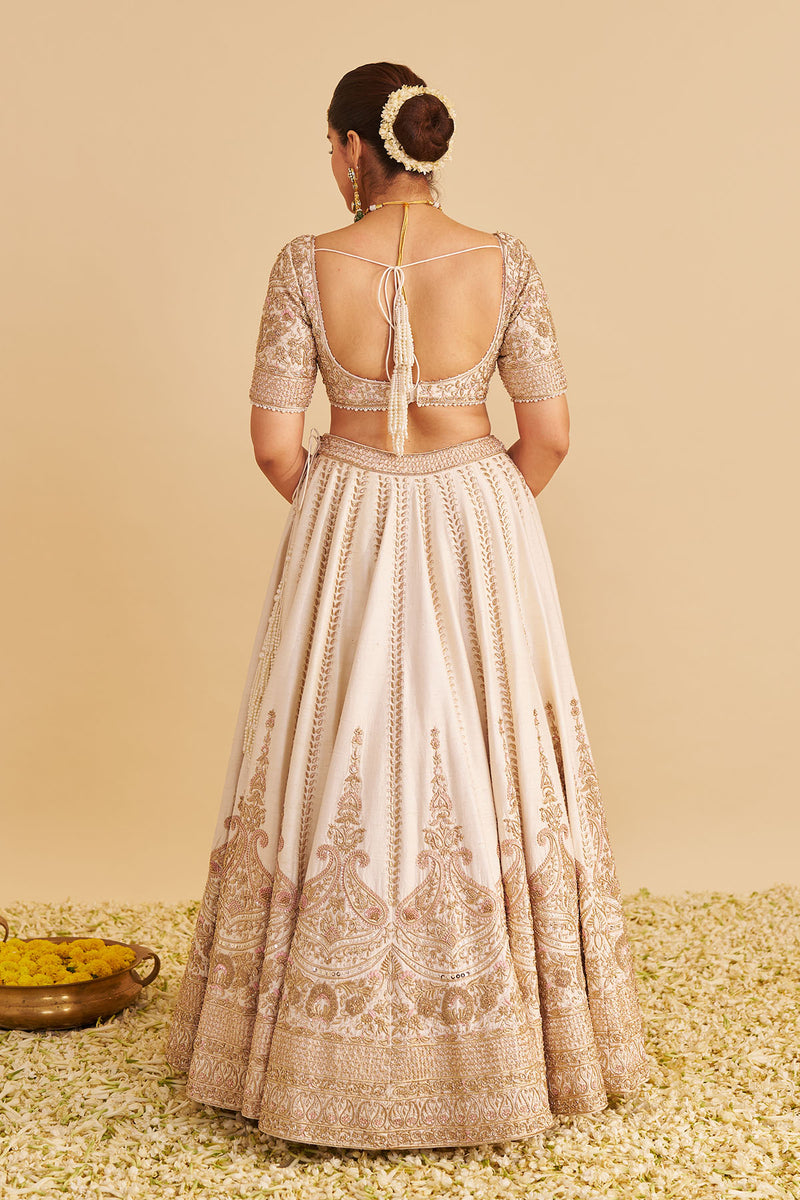 Farah - Dabka Zardozi Embroidered Pure Silk Daisy Ivory Lehenga Set