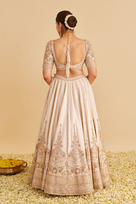 Farah - Dabka Zardozi Embroidered Pure Silk Daisy Ivory Lehenga Set