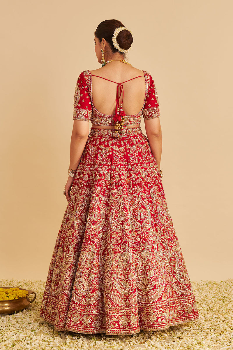 Sanaa - Dabka Zardozi Embroidered Raw Silk Red Bridal Lehenga Set