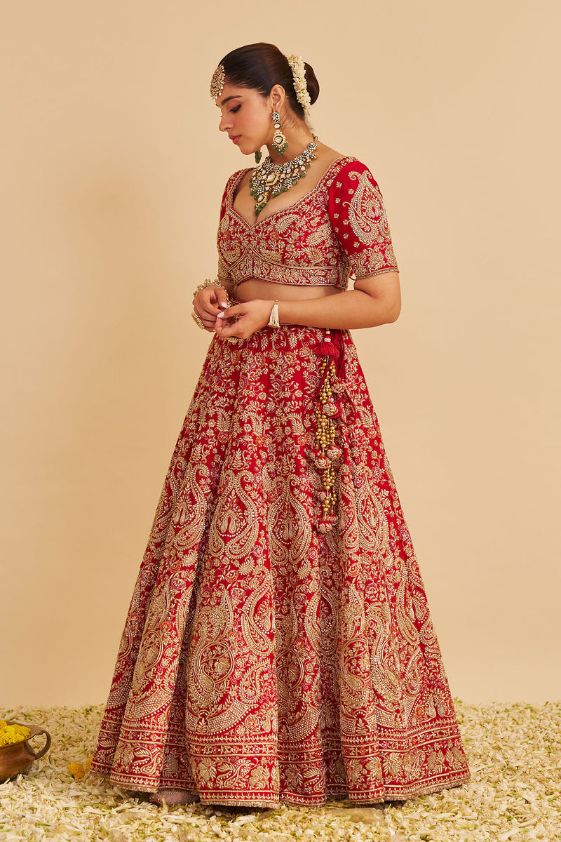 Sanaa - Dabka Zardozi Embroidered Raw Silk Red Bridal Lehenga Set