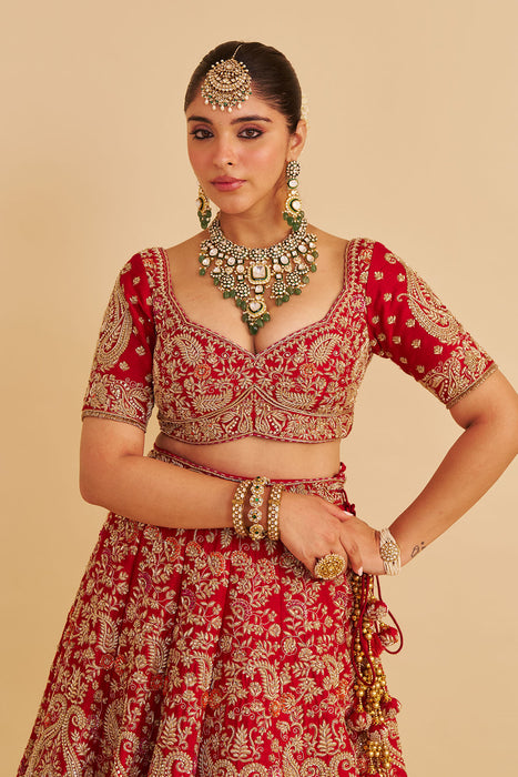 Sanaa - Dabka Zardozi Embroidered Raw Silk Red Bridal Lehenga Set