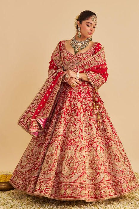Sanaa - Dabka Zardozi Embroidered Raw Silk Red Bridal Lehenga Set