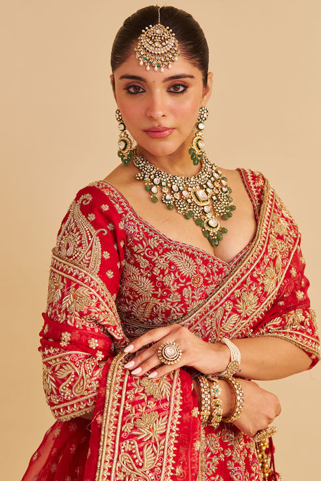 Sanaa - Dabka Zardozi Embroidered Raw Silk Red Bridal Lehenga Set