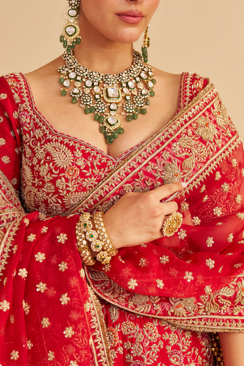 Sanaa - Dabka Zardozi Embroidered Raw Silk Red Bridal Lehenga Set
